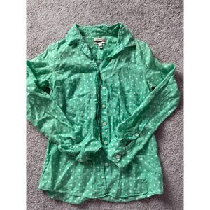 J. Crew Green White Polka Dot 100 % Linen Button Down Shirt Women's Size 00